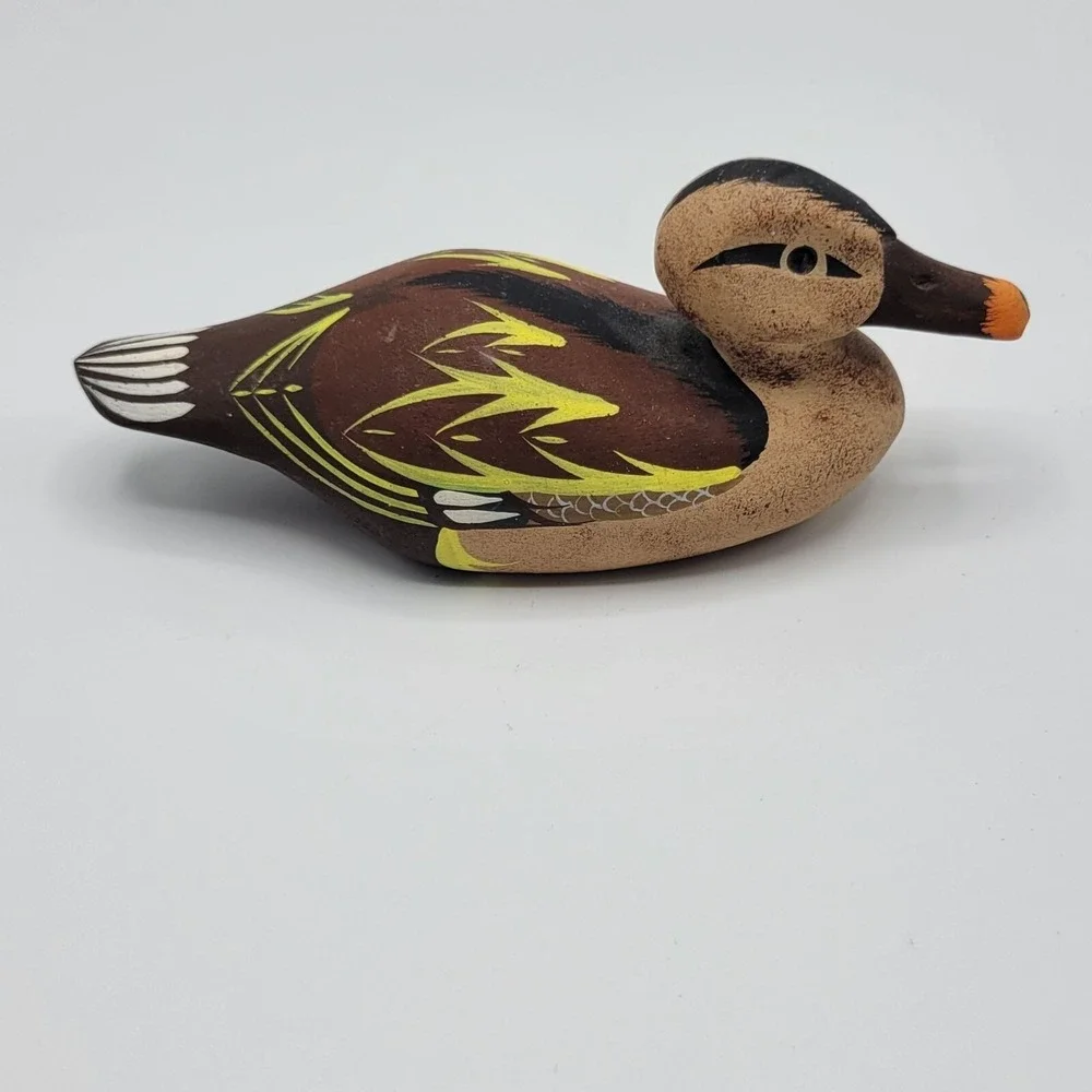 Vintage MCM Mallard Duck Carved Wood Hand Painted Handcrafted Figurine